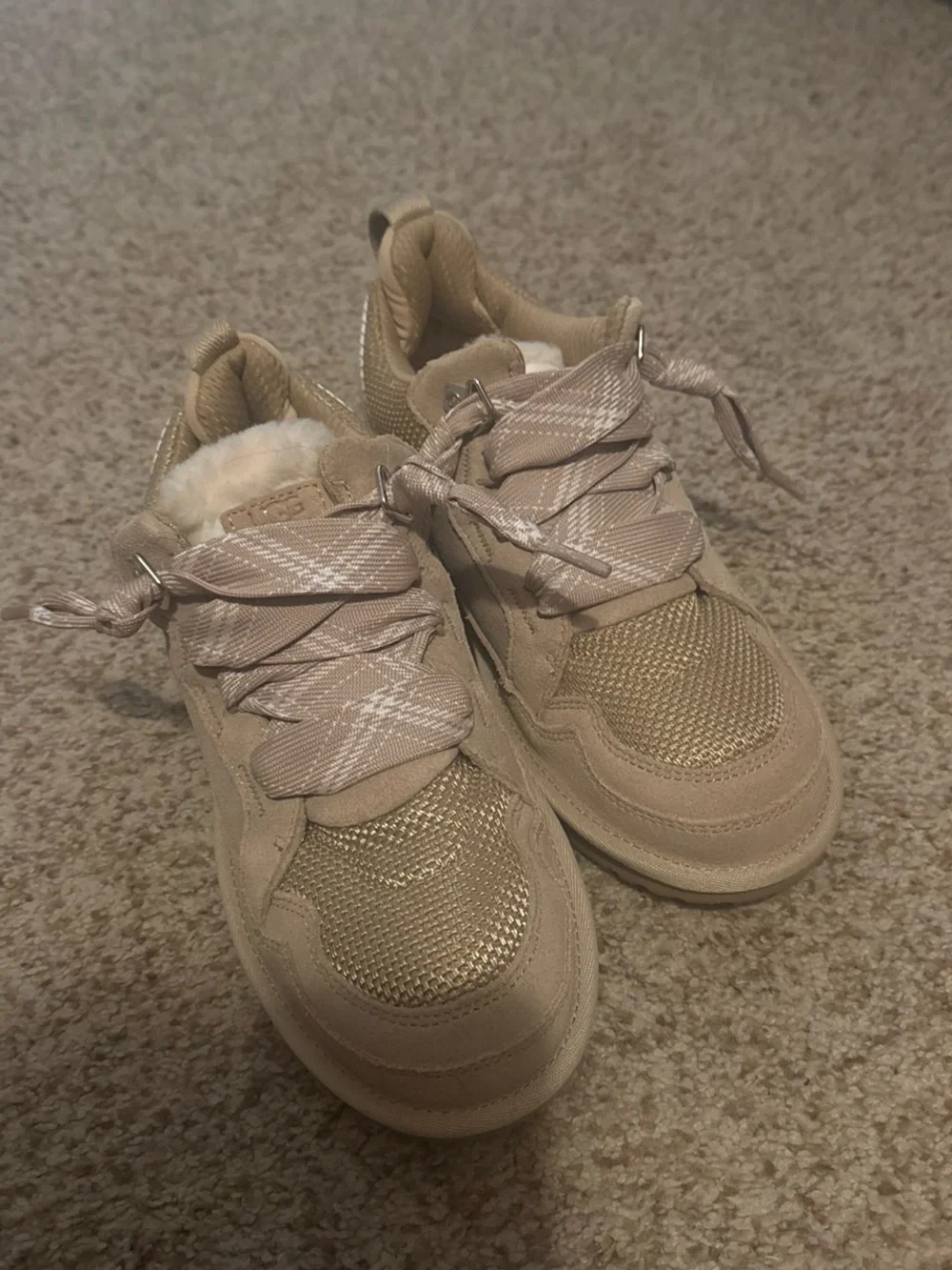 UGG Kids' Tan Suede & Mesh Lace-Up Sneakers! Can fit a woman 8-8.5 WORN ONCE!